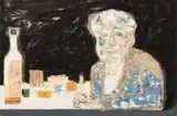 Marek Żuławski, Mężczyzna przy stole, 1968 r., 1968, technika mieszana (akwarela, tusz, collage), papier