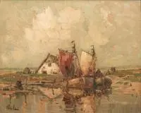 Rudolf Priebe, Widok z łodziami, olej, płyta