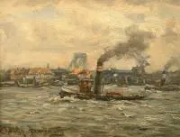 Otto Schulz Stradtmann, Port w Hamburgu, olej, tektura, 20