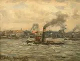 Otto Schulz Stradtmann, Port w Hamburgu, olej, tektura, 20