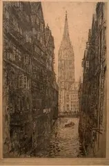 Adolf Mühlhan, Widok na kanał Holtz Brücke oraz na wieżę kościoła św. Mikołaja w Hamburgu, akwaforta, papier, 40