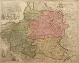 Jan Barend Elwe, La Pologne, Divis?e en Royaume de Pologne et les Etats?, Mapa ziem Rzeczpospolitej według Alexisa-Huberta Jaillota, 1694 r., stan szósty, Amsterdam, ok. 1792 r.; miedzioryt kolorowany, wym. płyty 49