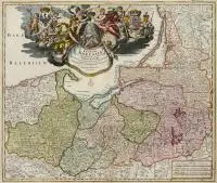 Johann Baptist Homann, Regnum Borussiae Gloriosis auspicijs?, Mapa Prus wydana z okazji koronacji Fryderyka III, którego portret umieszczony w dekoracyjnym kartuszu; jednocześnie pierwsza mapa Prus ukazująca szlaki pocztowe, Norymberga, ok. 1710 r., miedzioryt k