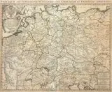 Johann Baptist Homann, Postarum seu Veredariorum Stationes per Germaniam et Provincias adiacentes, Wczesna mapa pocztowa Europy Środkowej, Norymberga, ok. 1710-1720 r., miedzioryt kolorowany liniowo, wym. 48