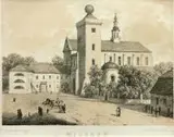 Miechów by Napoleon Orda Maksymilian Fajans, Widok na bazylikę kolegiacką Grobu Bożego w Miechowie, pochodzący z dzieła N. Ordy ?Album widoków historycznych Polski?,, sold Nov 2015