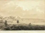 Bieniszew by Napoleon Orda Maksymilian Fajans, Widok panoramiczny z fasadą kościoła kamedułów w Bieniszewie, pochodzący z dzieła N. Ordy ?Album widoków historycznych P, sold Nov 2015
