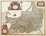Joannes Janssonius, Prussia Accurate Descripta a Gasparo Henneberg Erlichensi, Mapa Pomorza Wschodniego, opracowana w oparciu o mapę Gaspara Henneberga, pochodząca z dzieła J. Janssoniusa ?Atlas Novus?, Amsterdam, ok. 1630 r., miedzioryt kolorowany w epoce