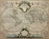 Jean Covens Cornelis Mortier, Mappe-monde dresse sur les Observations?, Hemisferyczna mapa świata, uwzględniająca szlaki wielkich odkrywców, począwszy od Magellana; w kartuszu u góry dekoracja w postaci personifikacji czterech kontynentów; według mapy Guillaume?a Delisle?