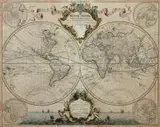 Jean Covens Cornelis Mortier, Mappe-monde dresse sur les Observations?, Hemisferyczna mapa świata, uwzględniająca szlaki wielkich odkrywców, począwszy od Magellana; w kartuszu u góry dekoracja w postaci personifikacji czterech kontynentów; według mapy Guillaume?a Delisle?