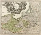 Johann Christoph Weigel, Borussia integra accuratiori stylo delineata?, Mapa Prus Królewskich i Książęcych, Norymberga, 1720 r., miedzioryt kolorowany, 32
