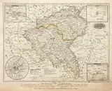 Joseph Meyer, Provinz Posen 1853, Mapa Prowincji Poznańskiej z planami miast: Poznania, Bydgoszczy, Leszna i Wschowy, pochodząca z dzieła ?Zeitungs- und Groschen-Atlas?, ok. 1853 r., staloryt kolorowany liniowo, wym. arkusza 22