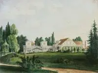 Fr. Hartwig, Widok pałacu w Waplewie Wielkim, Akwarela będąca pierwowzorem litografii umieszczonej w dziele Alexandra Dunckera ?Die ländlichen Wohnsitze, Schlösser und Residenzen der ritterschaftlichen Grundbesitzer in der preussischen Monarchie