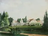 Fr. Hartwig, Widok pałacu w Waplewie Wielkim, Akwarela będąca pierwowzorem litografii umieszczonej w dziele Alexandra Dunckera ?Die ländlichen Wohnsitze, Schlösser und Residenzen der ritterschaftlichen Grundbesitzer in der preussischen Monarchie