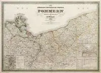 Carl Ferdinand Weiland, Königlich Preussische Provinz Pommern?, Mapa Pomorza, Weimar, 1834 r. W lewym dolnym rogu mapa okolic Szczecina, w prawym dolnym plan Świnoujścia oraz portu, niżej legenda z danymi, dotyczącymi powierzchni i gęstości zaludnienia okręgu pomo