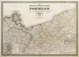 Carl Ferdinand Weiland, Königlich Preussische Provinz Pommern?, Mapa Pomorza, Weimar, 1834 r. W lewym dolnym rogu mapa okolic Szczecina, w prawym dolnym plan Świnoujścia oraz portu, niżej legenda z danymi, dotyczącymi powierzchni i gęstości zaludnienia okręgu pomo