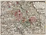 Tobias Lotter, Ducatus Silesiae Superioris, Miniaturowa mapa Śląska, pochodząca z dzieła ?Kurzgefasste Geographie... ?, wyd. J. M. Wagner, Augsburg, 1762 r., miedzioryt kolorowany, wym. arkusza 10