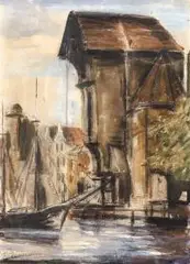 Stanisław Chlebowski, Żuraw w Gdańsku, ołówek, akwarela, pastel, papier