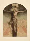 Leon Wyczółkowski, Chrystus na krzyżu w adoracji świętych i królów polskich na tle kościoła Mariackiego i Wawelu, litografia, papier, 58