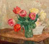 Zofia Albinowska-Minkiewiczowa, Tulipany w wazonie, olej, sklejka, 48