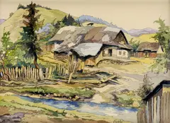 Samota na Podkarpatskej Rusi by Adalbert Erdely, okolo 1950, pero, tuš, štetec, akvarel na papieri, sold Jun 2007
