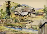 Adalbert Erdely, Samota na Podkarpatskej Rusi, okolo 1950, pero, tuš, štetec, akvarel na papieri