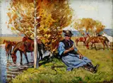 Béla Juszkó, Pri napájaní koní, okolo 1920, olej na vrecovine