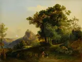 Rudolf Lang, Romantická krajina s figurálnou stafážou, okolo 1870, olej na dreve