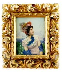 Dáma v klobúku by Clotilde Fournier, okolo 1900, tempera na dreve, sold Jun 2007