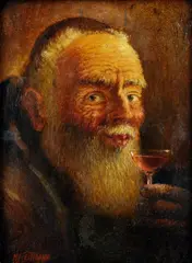 M. Heitmann, Mních s pohárom vína, 1947, olej na lepenke