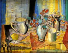 Laura Mandy, Zátišie na obruse, okolo 1950, gvaš, tempera na kartóne