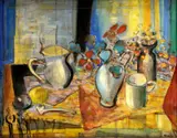 Laura Mandy, Zátišie na obruse, okolo 1950, gvaš, tempera na kartóne