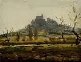Karel Holan, Krajina s kostolom, 1944, olej na kartóne