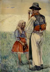 Vincent Plesnivý, Pri žatve, okolo 1920, akvarel na papieri