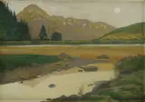 Krajina s riekou by Nándor Katona, 1918, olej na preglejke, sold Mar 2007