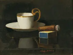 Janos Z. Molnar, Zátišie so šálkou, cigarou a zápalkami, okolo 1925, olej na lepenke