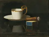 Janos Z. Molnar, Zátišie so šálkou, cigarou a zápalkami, okolo 1925, olej na lepenke