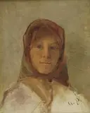 Portrét ženy v šatke by Xaver Ritter Von Pettenkofen August, okolo 1870, olej na plátne, sold Mar 2007