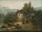 V. Schossig, Chata pri potoku, olej na plátne