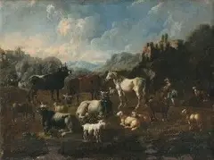Zv. Rosa Da Tivoli Philip Peter Roos, Stádo dobytka pod hradom, okolo 1680, olej na plátne