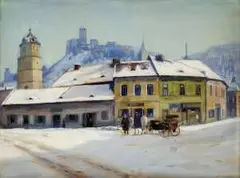 Jozef Holoubek, Pohľad na Trenčiansky hrad z námestia, okolo 1940, olej na kartóne