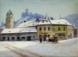 Jozef Holoubek, Pohľad na Trenčiansky hrad z námestia, okolo 1940, olej na kartóne