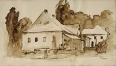 Jozef Fabini, Usadlosť, okolo 1965, lavírovaná kresba hnedým tušom na papieri