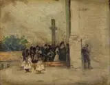 Ásc, ascher & Ágoston, Pri kostole, okolo 1920, olej na kartóne