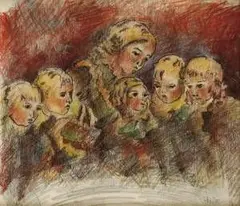 Oszkár Glatz, Vychovávateľka s deťmi, okolo 1910, kresba farebnými pastelovými ceruzami na papieri