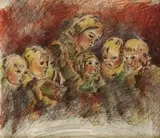 Oszkár Glatz, Vychovávateľka s deťmi, okolo 1910, kresba farebnými pastelovými ceruzami na papieri