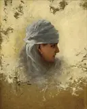 Piotr Stachiewicz, Podobizeň Sarah Bernhardt (v šatke), okolo 1890, olej na dreve
