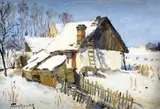 František Gyurkovits, Zima na dedine, okolo 1950, olej na kartóne