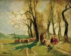 Béla Burchard-bélaváry, Pastier s ovcami, okolo 1900, olej na kartóne