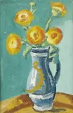 Kytica žltých kvetov v keramickej váze by Ernest Zmeták, 1963, tempera na kartóne, sold Oct 2006