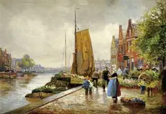 Holandský kvetinový trh by R. Hornemann, okolo 1900, olej na plátne, sold Oct 2006